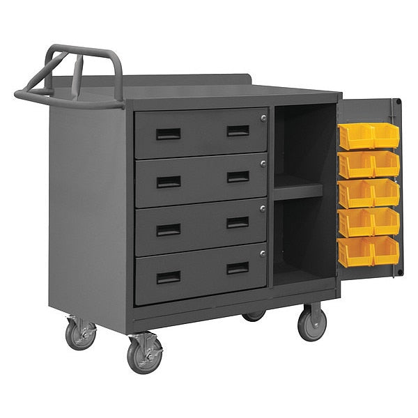 Mobile bench cabinet,  4 drawer,  10 bins,  lockable storage cabinet