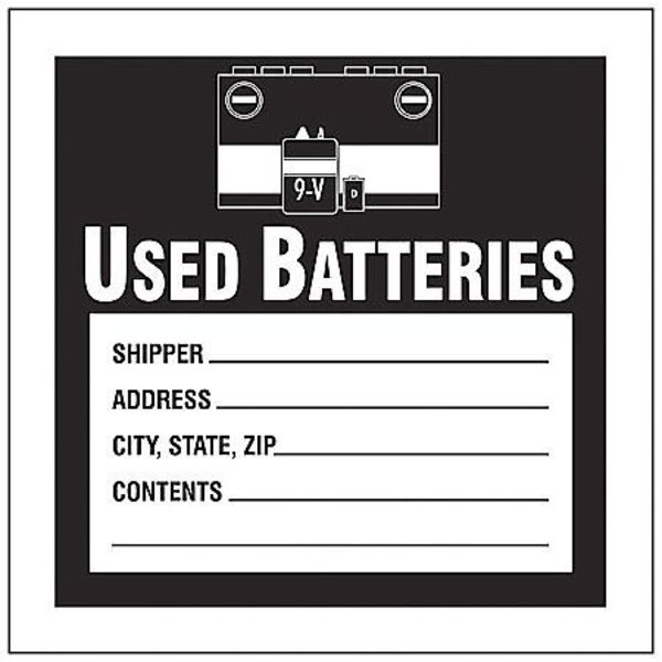 Haz Waste Label, Used Batteries, 6x6 in, Poly, 100/PK