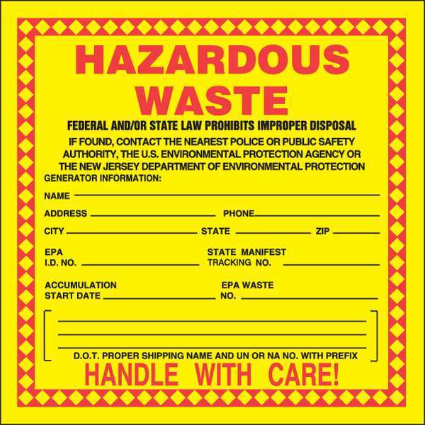 New Jersey Hazardous Waste Label, PK25