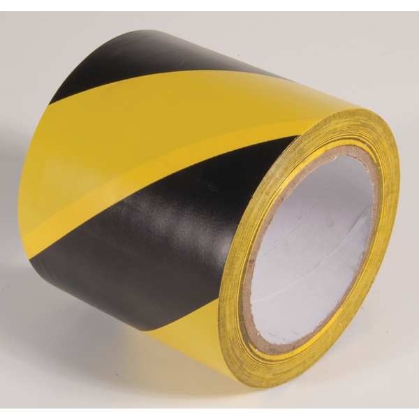 Marking Tape,  Striped,  Black/Yellow,  4" W,  Material: vinyl