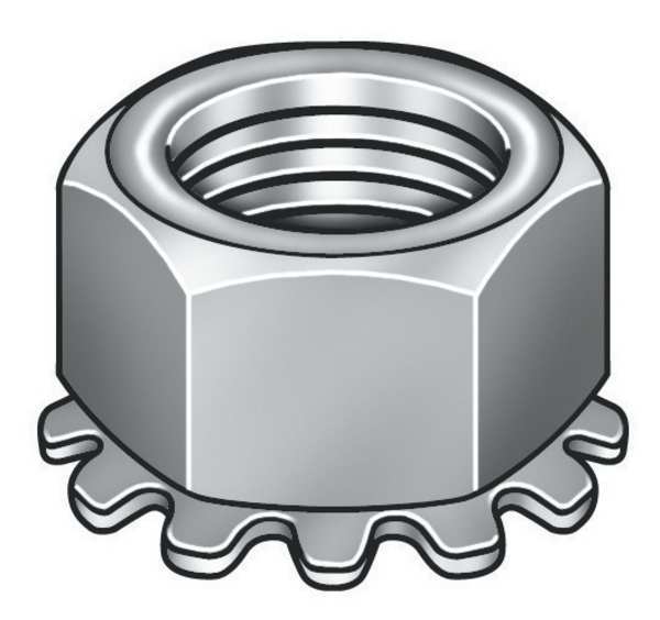 External Tooth Lock Washer Lock Nut,  #10-32,  Steel,  Not Graded,  Zinc Plated,  1/8 in Ht,  100 PK