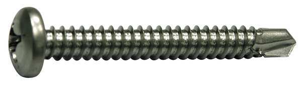 Self-Drilling Screw,  #10 x 1 in,  Plain 410 Stainless Steel Pan Head Phillips Drive,  100 PK