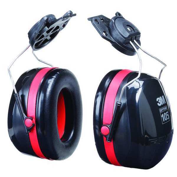 Peltor Optime 105 Hard Hat-Mounted Earmuffs,  Passive Protection,  NRR 27 dB,  Foam,  Black/Red