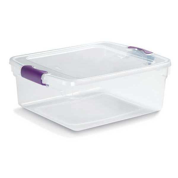 Storage Tote with Latch Lid,  Clear/Purple,  Polypropylene,  16 1/4 in L,  3.9 gal Volume Capacity