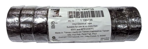 Vinyl Electrical Tape, 3/4 in W x 20 ft L,  7 mil thick,  Black,  10 Pack