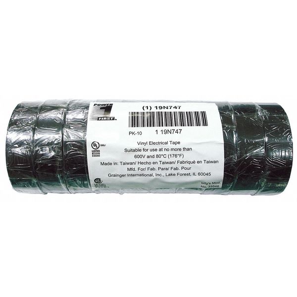 Vinyl Electrical Tape,  3/4 in W x 60 ft L,  7 mil Thick,  Black,  10 Pk