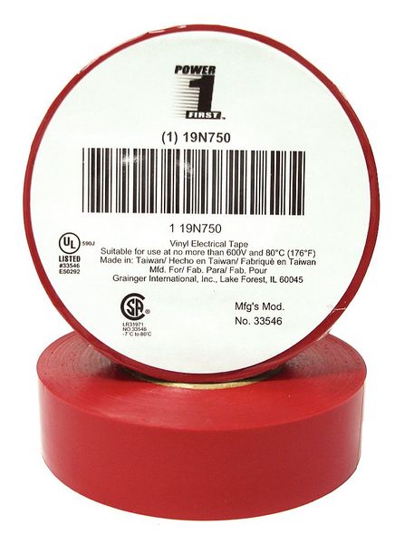 Vinyl Electrical Tape,  3/4 in W x 60 ft L,  7 mil thick,  Red,  1 Pack