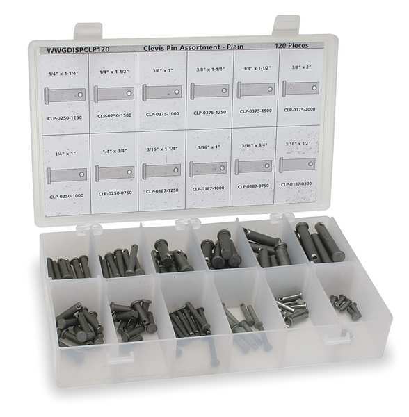 Clevis Pin Asst, Std, 18-8, 120 Pcs, 12Sizes